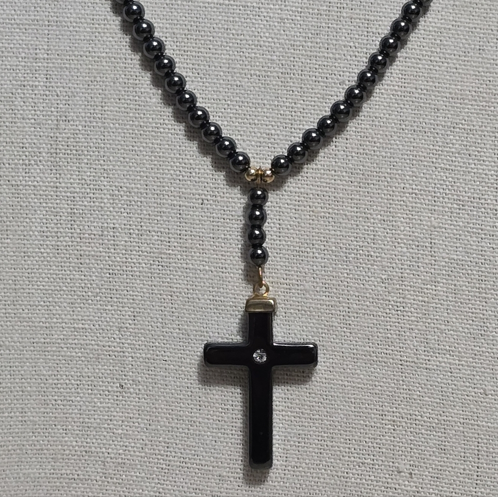 Hematite Bead and Cross Rosary Necklace